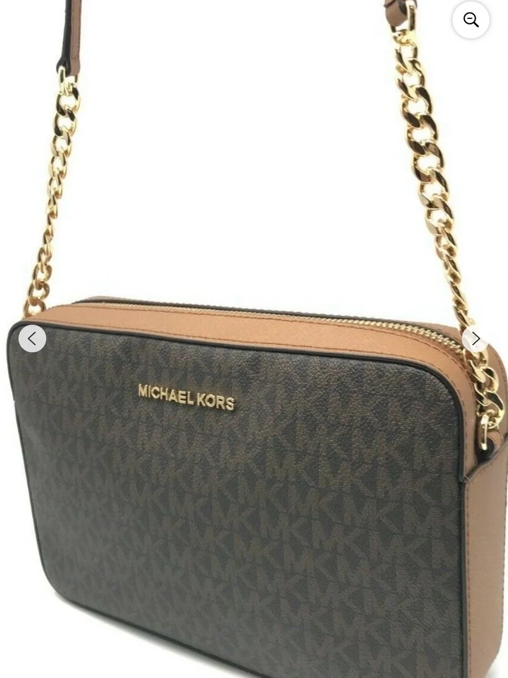 MICHAEL Michael Kors Brown and Tan Logo Crossbody with Gold Chain